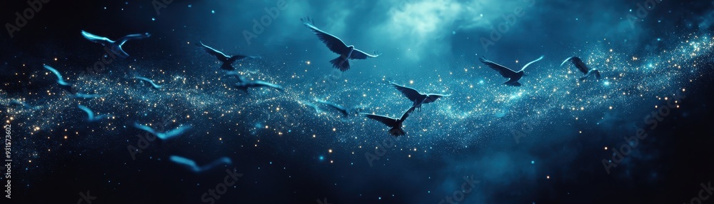 Obraz premium A mesmerizing scene of birds flying through a cosmic sky filled with sparkling stars and swirling colors, evoking a sense of wonder.