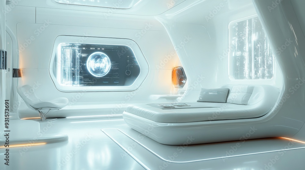 Futuristic Living Room: A modern living room with smart furniture, holographic entertainment systems, and a sleek, minimalist design. Futuristic Living Room: A modern living room with smart furniture, holographic entertainment systems, and a sleek, minimalist design.