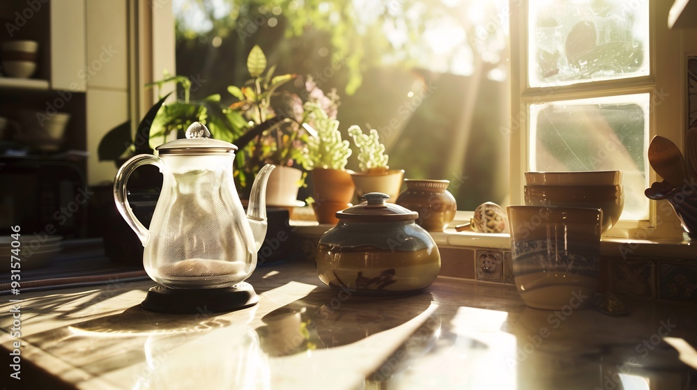 Serene home decor scene featuring a glass kettle and pottery on a kitchen countertop with sunlight filtering through the window Serene home decor scene featuring a glass kettle and pottery on a kitchen countertop with sunlight filtering through the window