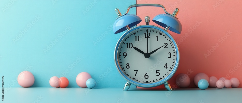 Retro Blue Alarm Clock on Colorful Pastel Background with Decorative Spheres Retro Blue Alarm Clock on Colorful Pastel Background with Decorative Spheres