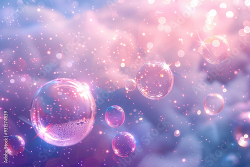 Beautiful Cloudy Background with Soap Bubbles and Stars in Pastel Pink, Blue, Purple Sky