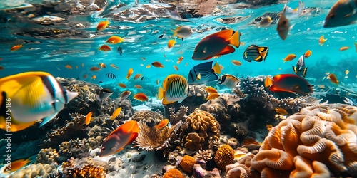 Underwater view of tropical fish swimming around vibrant coral reefs in the Maldives photo