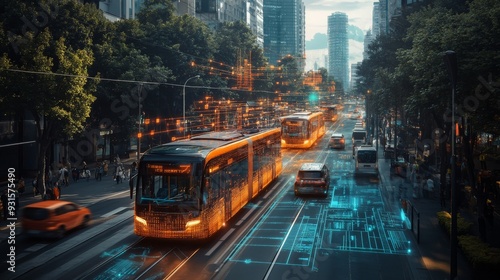 Smart Cities with AI-Controlled Autonomous Public Transit: Buses and trains navigating a city autonomously, managed by AI for efficiency and safety. #931575490