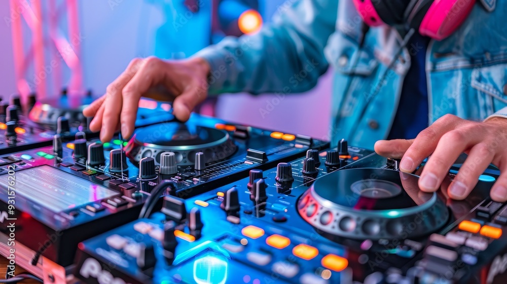 Obraz premium A DJ mixes music at an energetic event, using modern equipment with colorful lights illuminating the scene.