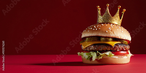 a hamburger topped with a regal crown, set against a vibrant red studio background, king of hamburgers concept photo