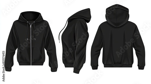 Black hoodie mockup, front, side, and back views, isolated on white background.