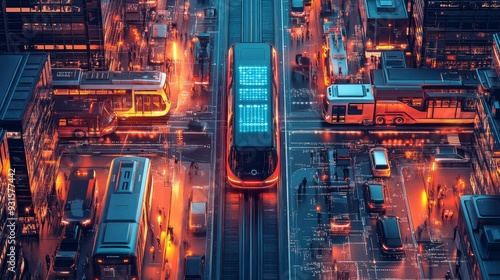 Smart Cities with AI-Driven Public Transport Hubs: A transportation hub where AI manages the flow of buses, trains, and passengers to optimize efficiency. #931577442