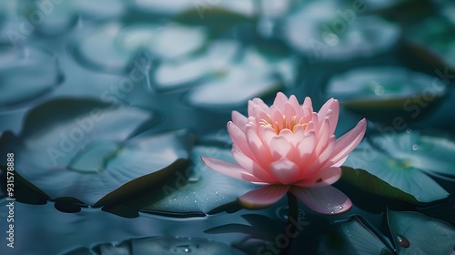 Early morning of pink water lily or lotus flower Marliacea Rosea Nymphaea rises above its dark green leaves Nature concept for design : Generative AI photo