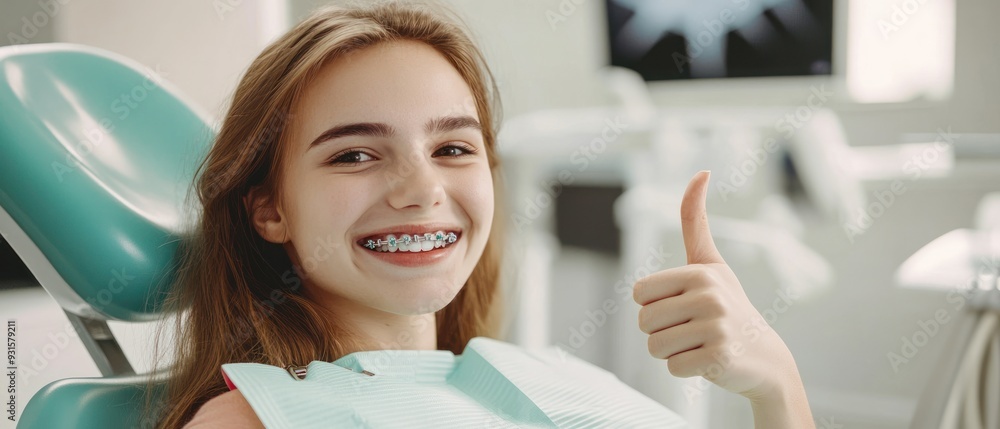 Happy female patient with braces on teeth sitting in dental chair, smiling and showing thumbs up after treatment at modern dental clinic. Dentistry, medicine and healthcare concept Happy female patient with braces on teeth sitting in dental chair, smiling and showing thumbs up after treatment at modern dental clinic. Dentistry, medicine and healthcare concept