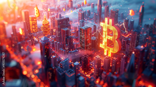 Futuristic city with glowing Bitcoin logos on skyscrapers beneath a cosmic sky, blending finance with a sci-fi theme. photo