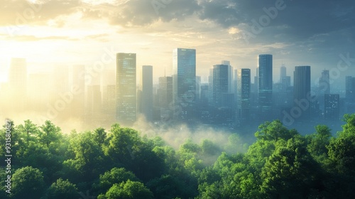 Smart Cities with AI-Enhanced Environmental Monitoring Systems: A city where environmental conditions are monitored and managed by AI for optimal living. #931580627