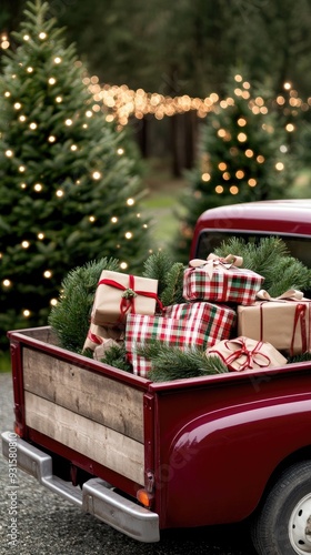 A burgundy truck adorned with decorations and gifts is parked in a holiday spirit at an outdoor Christmas tree farm surrounded by lit evergreen trees photo