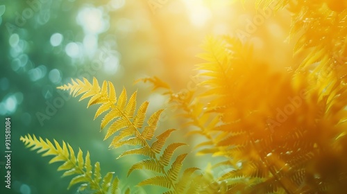 Fern fronds seen from below Big  green big leaf silhouettes and blurred shapes in colorful vegetation background with selective focus 3d greenish yellow organic pattern in sun lit bota : Generative AI photo