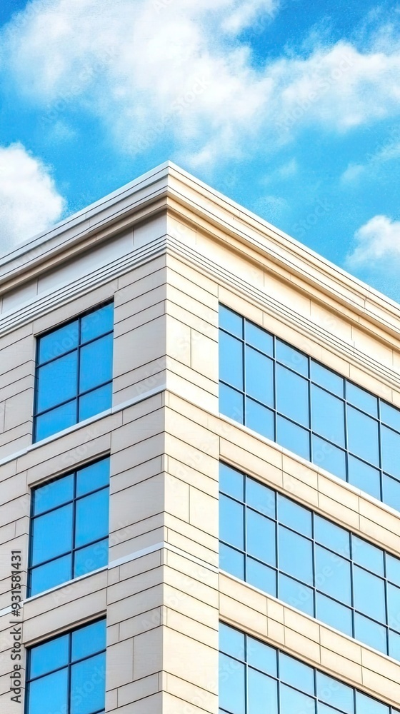 A modern office building features a beige plaster facade with square windows and balconies, reflecting minimalistic architecture against a clear blue sky. A modern office building features a beige plaster facade with square windows and balconies, reflecting minimalistic architecture against a clear blue sky.