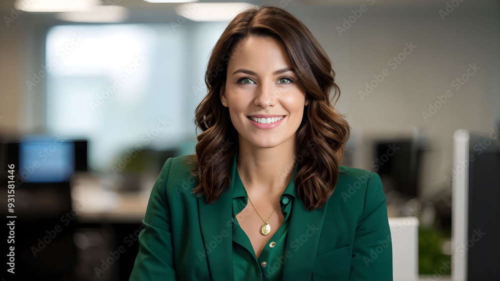 photograph of a woman in green suite sitting at a desk in an office, smiling and looking directly at the camera photograph of a woman in green suite sitting at a desk in an office, smiling and looking directly at the camera