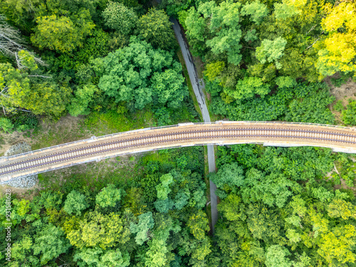 The Zampach stone railway bridge arches gracefully over lush greenery in Czechia, showcasing the harmony between nature and infrastructure in a tranquil, forested setting.