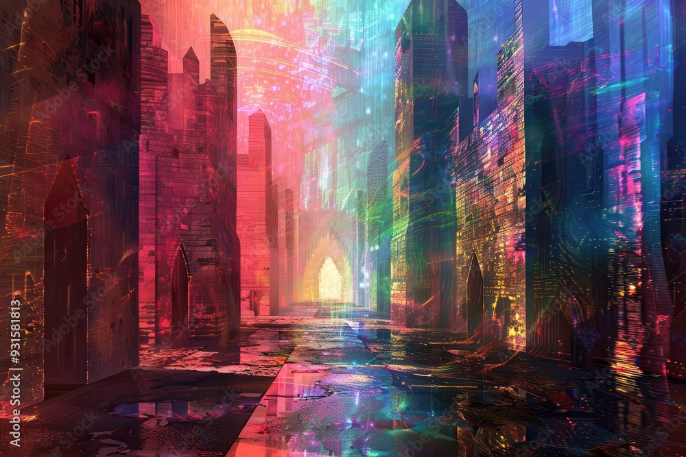An abstract holographic castle, with towers and walls glowing in various hues. An abstract holographic castle, with towers and walls glowing in various hues.