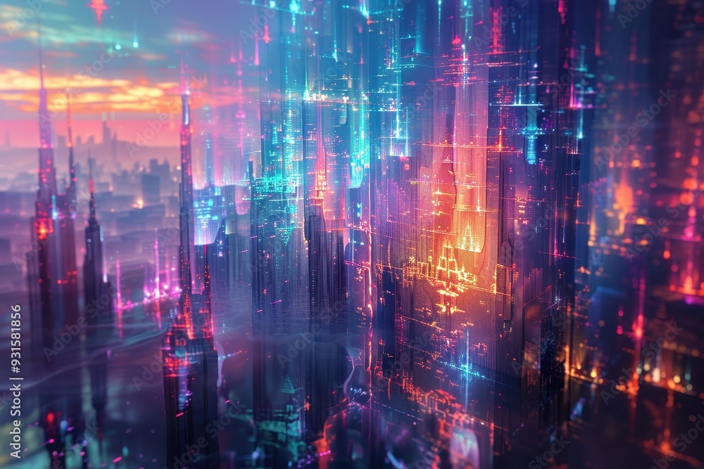 An abstract holographic castle, with towers and walls glowing in various hues. An abstract holographic castle, with towers and walls glowing in various hues.