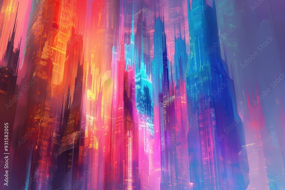An abstract holographic castle, with towers and walls glowing in various hues. An abstract holographic castle, with towers and walls glowing in various hues.