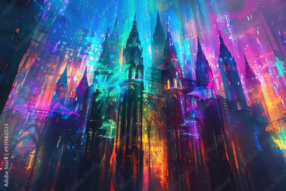 An abstract holographic castle, with towers and walls glowing in various hues. An abstract holographic castle, with towers and walls glowing in various hues.