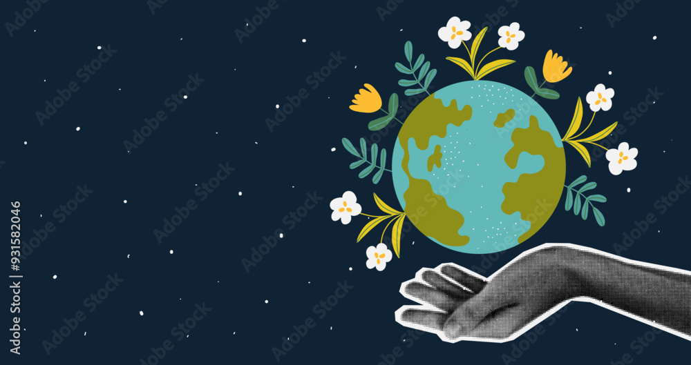 Naklejka premium Halftone hand hold Earth with flower. Sustainable and environmentally friendly concept. Ecological illustrations of saving the planet.
