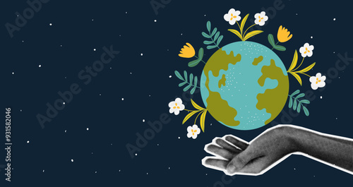Halftone hand hold Earth with flower. Sustainable and environmentally friendly concept. Ecological illustrations of saving the planet.