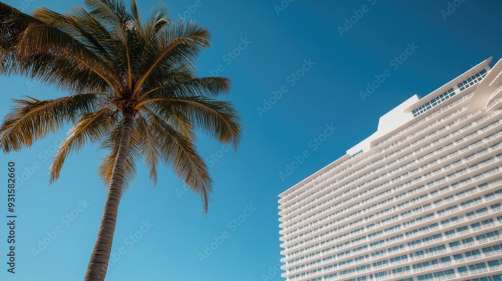 Fototapeta premium A contemporary white building showcases art deco architecture with sweeping curves, large glass windows, and stunning ocean views