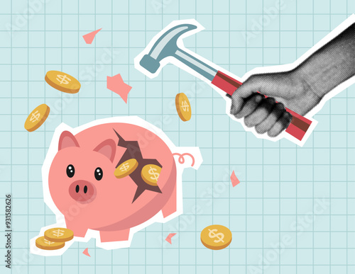 Halftone hand broke piggy bank with money coin in vintage trendy style. Earning money, savings, investment, business advertising concept.