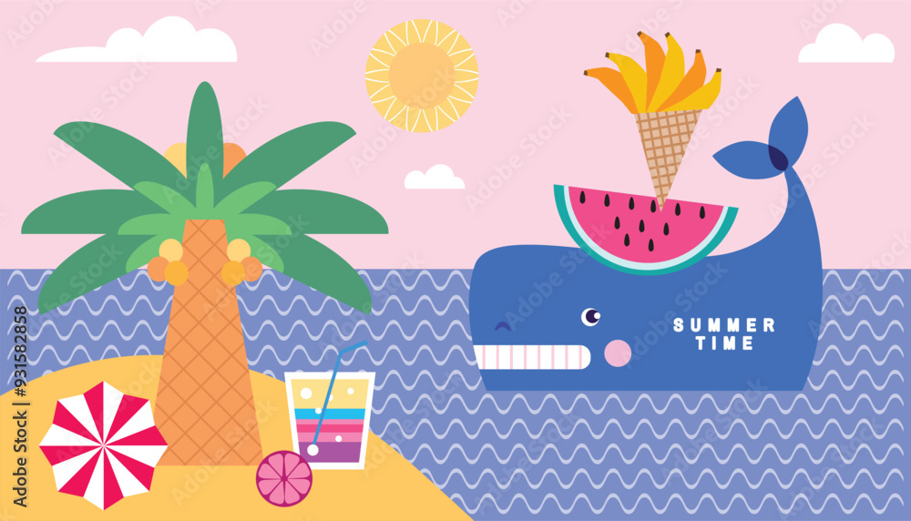 Fototapeta premium Summer template design vacation banner, poster, card Vector art flat icon illustration