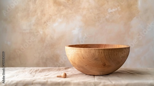 Rustic wood bowl on beige background Minimal mockup background for product presentation Wood board for food products or jewelry : Generative AI