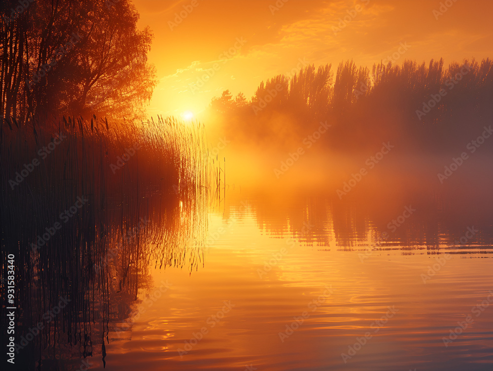 a body of water with trees and fog a body of water with trees and fog