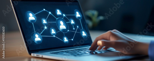 A person using a laptop displaying a network connection interface, symbolizing digital communication and social networking.