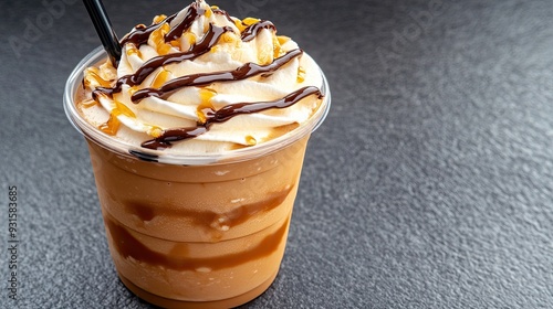 A cup filled with frappuccino topped with rich chocolate cream and scattered pieces of milk chocolate ice cream sits against a sleek black background photo