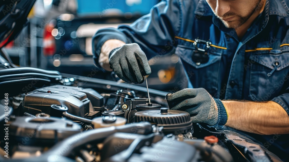 Mechanic closely inspecting engine oil dipstick during a routine check, concentrating on accuracy and safety.how to check engine oil level,importance of engine oil. 4k AI Generative Mechanic closely inspecting engine oil dipstick during a routine check, concentrating on accuracy and safety.how to check engine oil level,importance of engine oil. 4k AI Generative