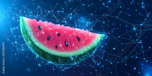 Abstract blue background with digital Water Melon connections and data transfer concept technology banner Digital Fruits Concept