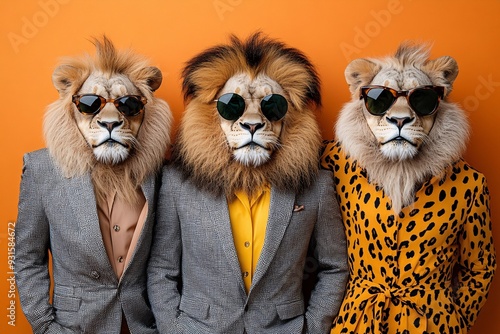 Three Stylish Lions Ready to Party with Sunglasses Posing Against an Orange Background photo