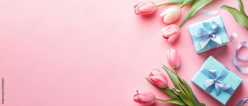 Trendy gift boxes with ribbon bows and tulips on isolated pink background. Mother's Day decorations concept Trendy gift boxes with ribbon bows and tulips on isolated pink background. Mother's Day decorations concept