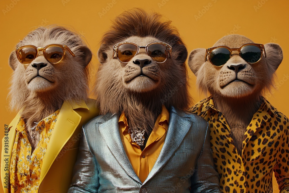 Three Stylish Lions Ready to Party with Sunglasses Posing Against an Orange Background Three Stylish Lions Ready to Party with Sunglasses Posing Against an Orange Background