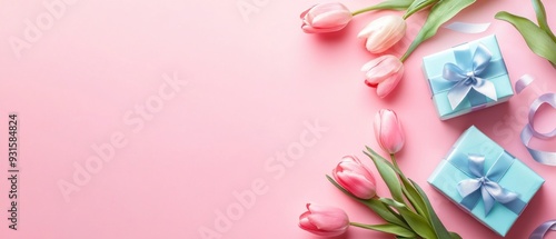 Trendy gift boxes with ribbon bows and tulips on isolated pink background. Mother's Day decorations concept