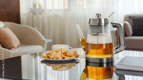 Serene teamaking scene in a modern minimal interior featuring a glass kettle of Chinese tea with a side of snacks photo