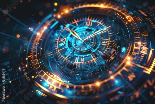 Wallpaper Mural An abstract holographic clock, with moving gears and hands that glow. Torontodigital.ca