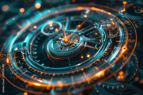 Wallpaper Mural An abstract holographic clock, with moving gears and hands that glow. Torontodigital.ca