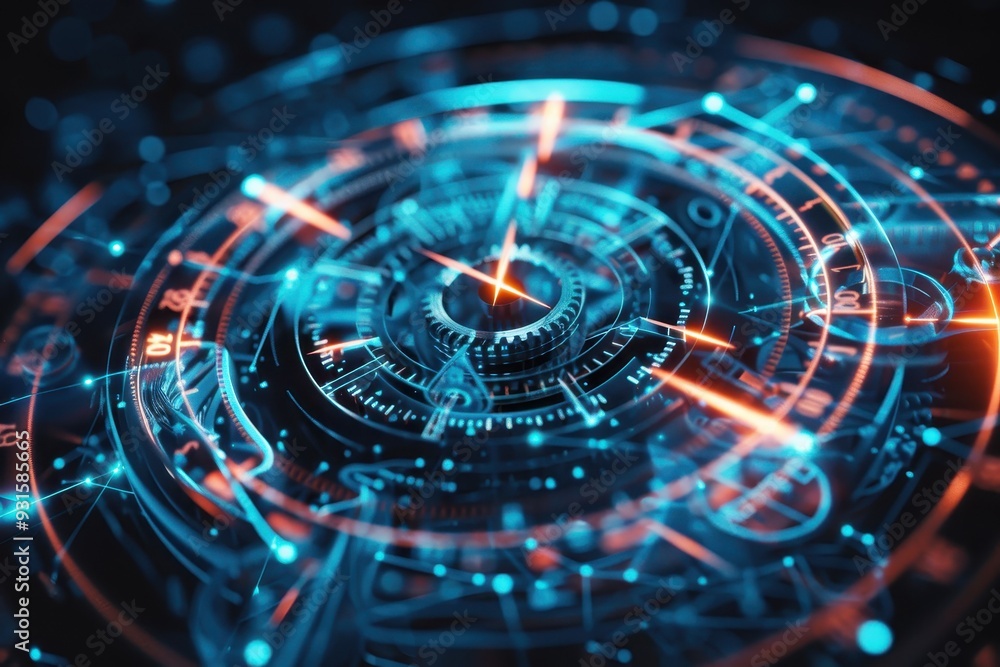 An abstract holographic clock, with moving gears and hands that glow. An abstract holographic clock, with moving gears and hands that glow.