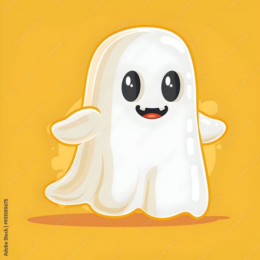 Cheerful White Ghost Character with Friendly Expression in Bright Yellow Background Cheerful White Ghost Character with Friendly Expression in Bright Yellow Background