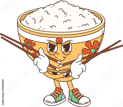 Retro rice bowl cartoon groovy character with chopsticks, vector funny comic. Asian cuisine groovy bowl with serious face and chopsticks, Japanese or Chinese cartoon emoji and food character