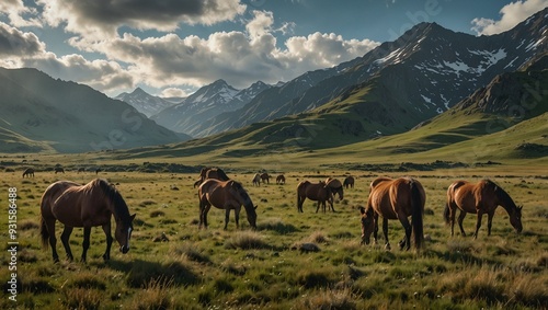 horses grazing in the mountains