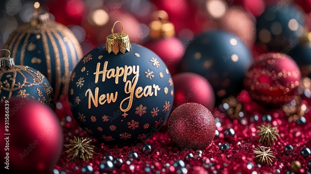 Happy New Year text on a red background with golden decorations. Perfect for holiday greetings, New Year cards, or festive designs. Happy New Year text on a red background with golden decorations. Perfect for holiday greetings, New Year cards, or festive designs.