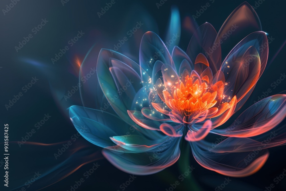 Fototapeta premium An abstract holographic flower with petals made of light, glowing softly in a dark background