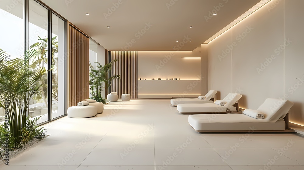 A tranquil spa interior featuring minimalistic design, relaxation lounges, natural light, and lush greenery for a calming atmosphere. A tranquil spa interior featuring minimalistic design, relaxation lounges, natural light, and lush greenery for a calming atmosphere.