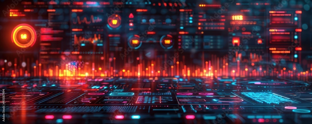 Fototapeta premium Predictive analytics visualized as futuristic graphs, front view, showcasing data trends, technology tone, Complementary Color Scheme,